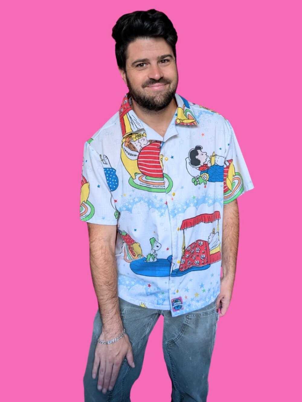 Handmade, Upcycled Charlie Brown Bedsheet Button Down Shirt Size L
